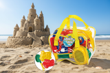 Colorful beach toy set in a clear bag with yellow handles, featuring a 'Deluxe Beach Gear' label.