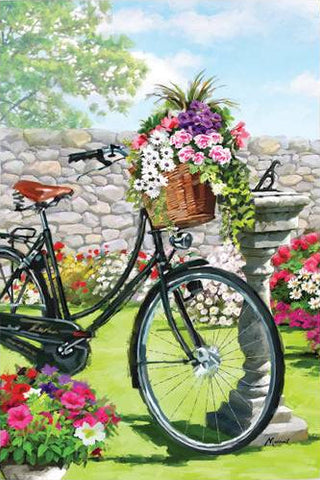 Decorative flag with a bicycle and garden scene on a white background