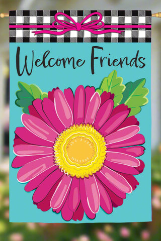 Welcome Friends Daisy Burlap House Flag