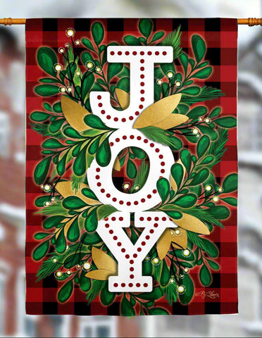 Holiday Joy Burlap House Flag featuring bold white 'JOY' with gold accents on a plaid background.
