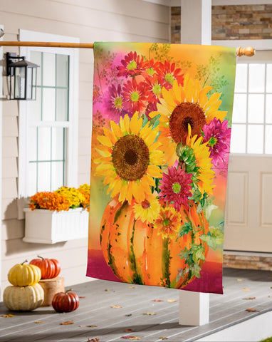 Pumpkin Floral Watercolor Burlap House Flag