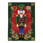 Joyful Traditions Reversible Burlap House Flag featuring a colorful Nutcracker design on a festive background.