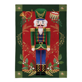 Joyful Traditions Reversible Burlap House Flag featuring a colorful Nutcracker design on a festive background.