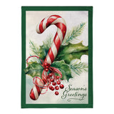 Season's Greetings Candy Cane Burlap House Flag featuring candy cane, holly leaves, and festive design.