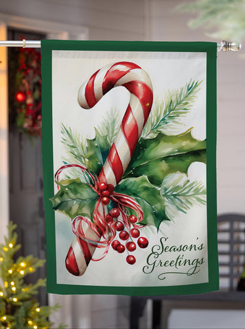Season's Greetings Candy Cane Burlap House Flag featuring a candy cane, holly leaves, and festive design.