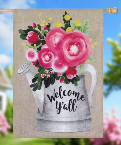 Welcome Y'all Floral Can Burlap House Flag