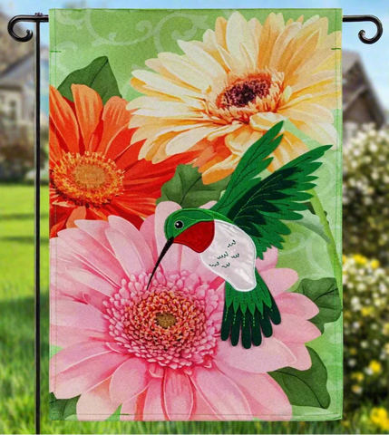 Hummingbird and Daisy Trio Linen Garden Flag