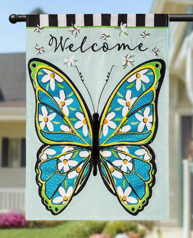 Floral Butterfly Welcome Linen House Flag