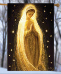 Radiant Mary Lustre House Flag showcasing a glowing image of Mary with a shimmering backdrop of stars.