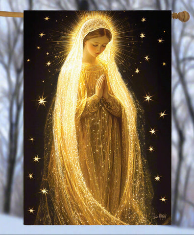 Radiant Mary Lustre House Flag showcasing a glowing image of Mary with a shimmering backdrop of stars.