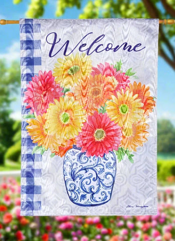 Welcome Gerberas Moire House Flag
