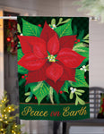 Peace on Earth Poinsettia Suede House Flag featuring a vibrant poinsettia and festive greenery design.