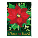 Peace on Earth Poinsettia Suede House Flag featuring a vibrant red poinsettia and holiday greenery.