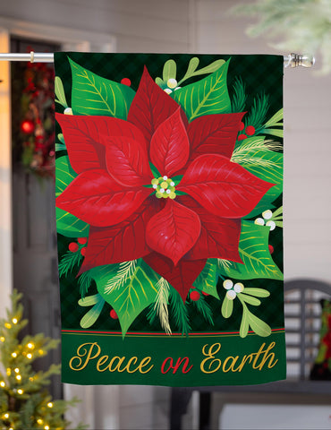 Peace on Earth Poinsettia Suede House Flag featuring a vibrant poinsettia and festive greenery design.