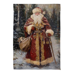 Victorian Santa Suede House Flag featuring Santa Claus in a snowy forest, ideal for festive outdoor decor.