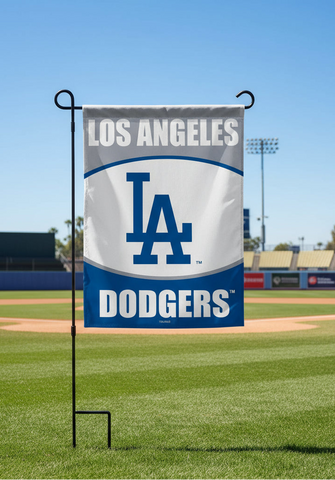 Los Angeles Dodgers logo on a gray, white, and blue banner