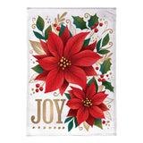 Joy Poinsettia Burlap Garden Flag featuring vibrant poinsettias and bold 'JOY' text on a white background.