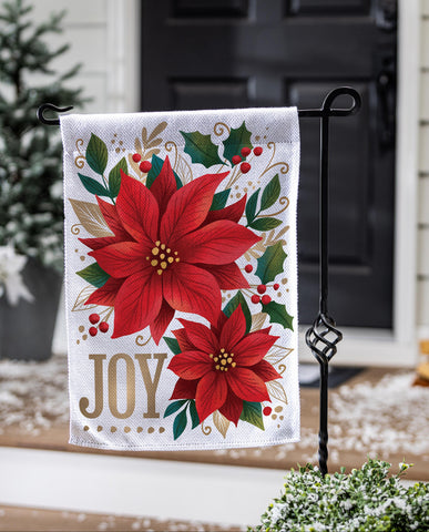 Joy Poinsettia Burlap Garden Flag displaying vivid poinsettia blooms and gold "JOY" lettering, perfect for holiday decor.