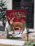 Woodland Storybook Reindeer Burlap Garden Flag featuring a reindeer and snowy landscape, perfect for winter decor.