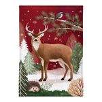 Woodland Storybook Reindeer Burlap Garden Flag featuring a deer, hedgehog, and snowy trees on a festive red background.