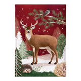 Woodland Storybook Reindeer Burlap Garden Flag featuring a deer, hedgehog, and snowy trees on a festive red background.