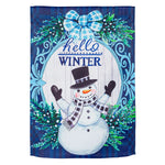 Winter Snowman Suede Garden Flag featuring a cheerful snowman and festive wreath, perfect for winter garden décor.