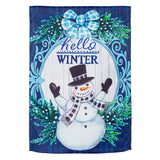 Winter Snowman Suede Garden Flag featuring a cheerful snowman and festive wreath, perfect for winter garden décor.