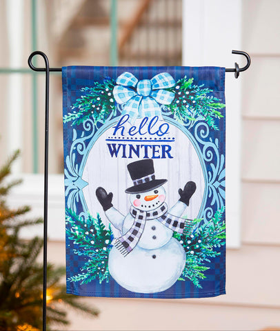 Winter Snowman Suede Garden Flag featuring a cheerful snowman and the phrase 'Hello Winter' in vibrant colors.