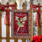 Believe Fairy Suede Garden Flag featuring a vibrant fairy and festive text for outdoor decoration.