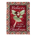 Believe Fairy Suede Garden Flag featuring a vibrant fairy and the message 'Believe in the magic of Christmas'.