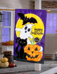 Halloween-themed decorative flag with a ghost, black cat, and pumpkin on a purple background.