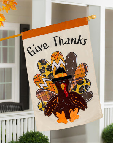 Give Thanks Patterned Turkey Applique House Flag