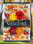 Decorative flag with autumn flowers and 'Welcome' text on a white background