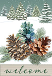Winter Pinecones Applique House Flag featuring snowy pinecones and winter forest backdrop, perfect for seasonal decor.