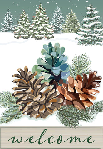 Winter Pinecones Applique House Flag featuring snowy pinecones and winter forest backdrop, perfect for seasonal decor.