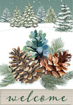 Winter Pinecones Applique Garden Flag featuring snowy pinecones and winter forest scene, perfect for seasonal decor.