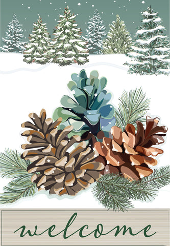Winter Pinecones Applique Garden Flag featuring snowy pinecones and winter forest scene, perfect for seasonal decor.