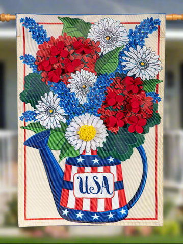 USA Floral Watering Can Applique House Flag