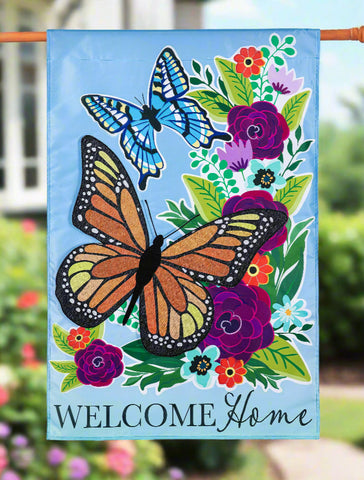 Welcome Home Butterflies Applique House Flag