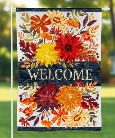 Decorative flag with autumn flowers and 'Welcome' text on a white background