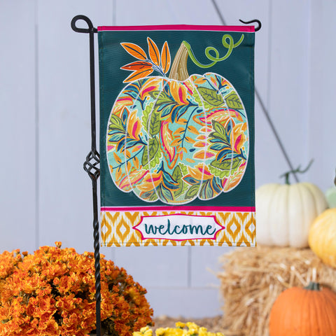 Patterned Jacobean Floral Pumpkin Applique Garden Flag