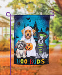Halloween-themed garden flag with dogs in costumes and 'BOO BUDS' text, outdoors.