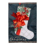 Christmas Stocking Applique Garden Flag featuring a festive design with a red bow and holiday greenery.