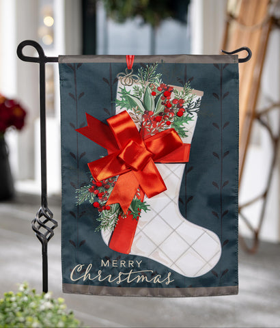 Christmas Stocking Applique Garden Flag featuring a festive stocking with red bow and holiday accents.