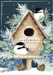 Winter Birds Welcome Applique Garden Flag featuring chickadees on a snowy birdhouse amidst pine branches.