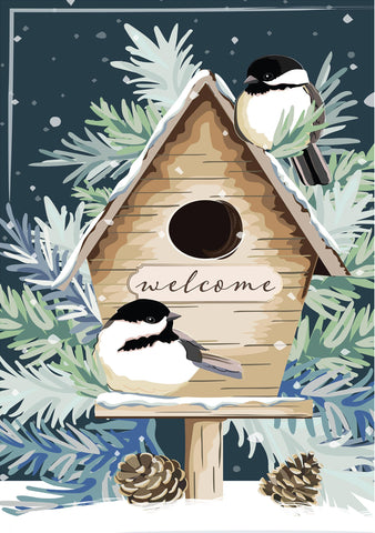 Winter Birds Welcome Applique Garden Flag featuring chickadees on a snowy birdhouse amidst pine branches.