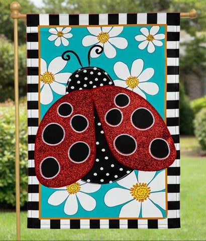 Ladybug & Daisies Applique Garden Flag