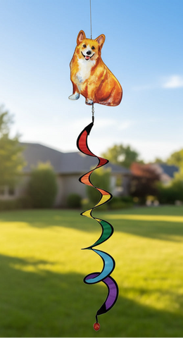Colorful wind spinner with a corgi design on a white background