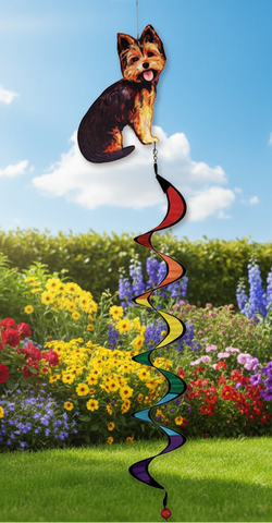 Colorful wind spinner with a dog design on a white background