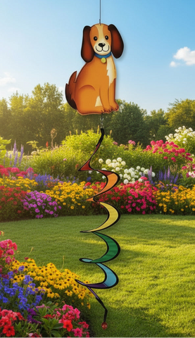Colorful wind chime shaped like a dog on a white background